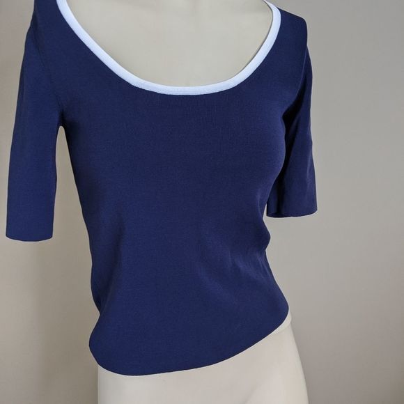 𝅺judith & Charles navy blue short sleeve blouse with white collar - Picture 1 of 10
